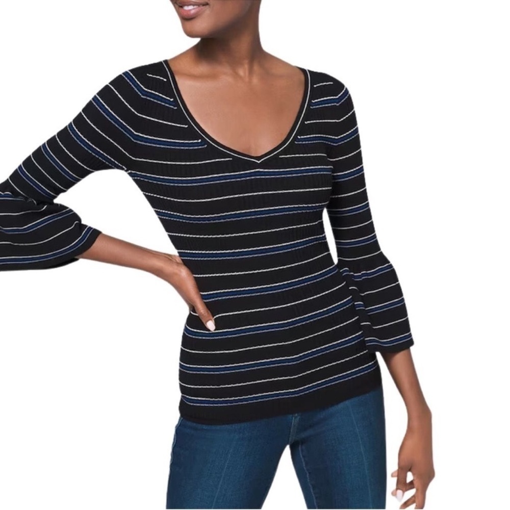 White House Black Market Blue + Black Striped Ribbed Bell Sleeve Top Size Large